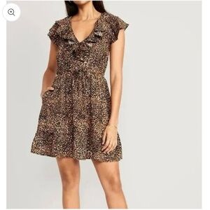 Old Navy Mini Dress Womens Medium Brown Leopard Print Cinched Ruffle-Trim